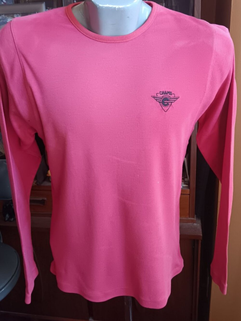 Vintage T-shirt Single Stitch Medium 80's Chams Hot Pink Long Sleeve Logo